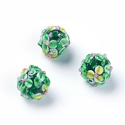 Green Handmade Bumpy Lampwork Beads, Round, Green, 14~15mm, Hole: 1.5~1.6mm