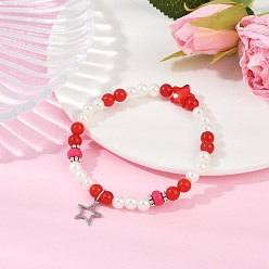 Красный Окрашенный круглый натуральный малайзийский нефрит с абс пластиковыми бусинами из жемчуга эластичные браслеты для женщин, 304 из нержавеющей стали звезды шарм браслеты, красные, внутренний диаметр: 2-3/8 дюйм (5.95 см)