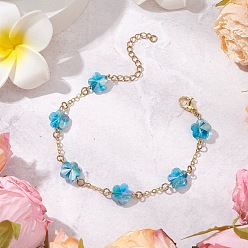 Голубой Латунные кабельные цепи бусины браслеты для женщин, слива, с гальваническими стеклянными бусинами и 304 фурнитурой из нержавеющей стали, голубой, 7 дюйм (17.7 см)