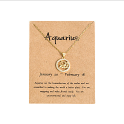 Водолей Латунные микропаве прозрачные кубические цирконии плоские круглые подвески в виде созвездий, ожерелья из нержавеющей стали, золотые, Водолей, 19.69 дюйм (50 см)