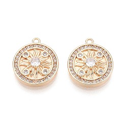 Настоящее золото 18K Подвески из латуни с прозрачным фианитом, плоские круглые прелести, реальный 18 k позолоченный, 16x14x4 мм, отверстие : 1.2~1.4 мм