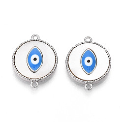 Платина Латунные подвески-шармы с натуральными плоскими круглыми соединителями из ракушек, доджер синяя эмаль злые глазные ссылки, платина, 15x19.5x3 мм, отверстие : 1.2 мм
