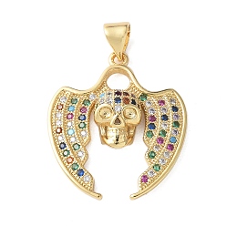 Настоящее золото 18K Латунные микро проложить кубического циркония подвески, крыло с черепом, долговечный, без кадмия и без свинца, стойки покрытие, реальный 18 k позолоченный, 25x21x5 мм, отверстие : 4.5x4 мм