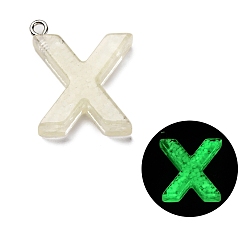 Letter X Светящиеся подвески смолы, светится в темноте, с платиновым покрытием петли, буквы, Письмо X, 23x19.5x5.5 мм, отверстие : 1.8 мм