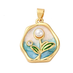 Настоящее золото 18K Латунные микро проложить кубического циркония подвески, цветы, с эмалью и абс пластика имитация жемчуга, без кадмия и без свинца, стойки покрытие, долговечный, реальный 18 k позолоченный, 21x18x5 мм, отверстие : 3.5 мм