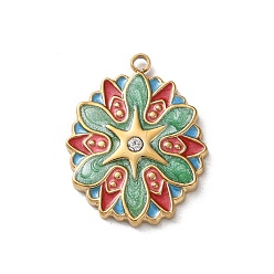 Средний Аквамарин 304 нержавеющей стальной эмали подвески, со стразами, золотые, цветочный шарм, средний аквамарин, 26x19.5x3 мм, отверстие : 1.8 мм