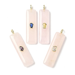 Розовый Кварц Природного розового кварца подвески, прямоугольные подвески с латунной микропаве кубическими цирконами, золотые, цвет циркона случаен, 51x13x7 мм, отверстие : 3x2 мм