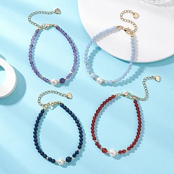 Смешанные камни Браслеты из натуральных смешанных драгоценных камней и культивированного пресноводного жемчуга для женщин, круглые, с латунной бисера, 7.48 дюйм (19 см)