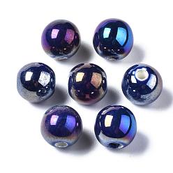 Prussian Blue Handmade Porcelain Round Beads, AB Color Plated, Prussian Blue, 9mm, Hole: 2mm