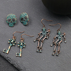 Red Copper Punk Rock Style Halloween Alloy Earrings Sets, Skull & Human Skeleton & Skeleton Key, Green Patina, Red Copper, 20x16mm, 40x13mm, 59x15mm, 3pairs/set