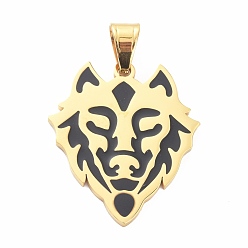 Golden Ion Plating(IP) 304 Stainless Steel Pendants, with Enamel, Tiger Head, Black, Golden, 40x34x2mm, Hole: 5x8mm
