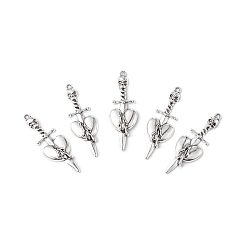 Античное Серебро Тибетский сплав стиля большие кулоны, меч-череп с подвеской в виде сердца, античное серебро, 52x18x5 мм, отверстие : 2 мм
