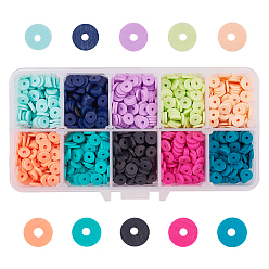 Couleur Mélangete Perles en fimo faits à la main, disque / plat rond, perles heishi, couleur mixte, 6x1mm, Trou: 2mm, 10 couleurs, environ 9.2 g / couleur, 92 g / boîte