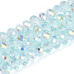 Бледно-бирюзовый Прозрачные стеклянные бусины, рондель, с половиным покрытием, с покрытием AB цвета, граненые, бледные бирюзовая, 6~6.5x5~5.5 мм, отверстие : 1 мм, около 82~83 шт / нитка, 16.14~16.34 дюйм (41~41.5 см)