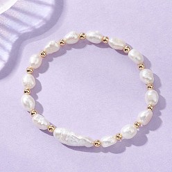 Белый Эластичные браслеты из натурального культивированного пресноводного жемчуга и бусины кеши в стиле барокко для женщин, с латунным, белые, бусины : 8~21.5x7~8x5.5~6.5 мм, внутренний диаметр: 2.32 дюйм (5.9 см)