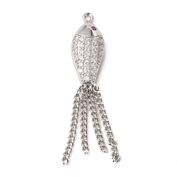 Real Platinum Plated Eco-Friendly Rack Plating Brass Micro Pave Cubic Zirconia Pendants, Long-Lasting Plated, Lead Free & Cadmium Free, Fish, Real Platinum Plated, 49x8.5x4mm, Hole: 1mm