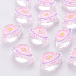 Pearl Pink Transparent Acrylic Beads, with Enamel, Planet, Pearl Pink, 19x26x9mm, Hole: 3mm