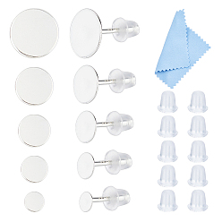 Серебро 5 пары 5 стили 925 фурнитура для плоских круглых сережек-гвоздиков из стерлингового серебра, штифты для сережек со штампом 925, 1Штукатурка квадратной замшевой салфетки для полировки серебра и 10Штукатурка пластиковых застежек для сережек, серебряные, лоток : 3~8 мм, 11.5 мм, штифты : 0.8 мм