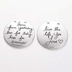 Antique Silver Tibetan Style Alloy Message Pendants, Cadmium Free & Lead Free, Flat Round with Word, Antique Silver, 30x3mm, Hole: 1.5mm, about 111pcs/1000g