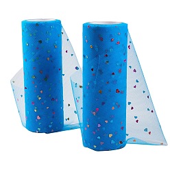 Dodger Blue Heart Glitter Sequin Deco Mesh Ribbons, Tulle Fabric, Tulle Roll Spool Fabric For Skirt Making, Dodger Blue, 6 inch(15cm), about 10yards/roll(9.144m/roll)