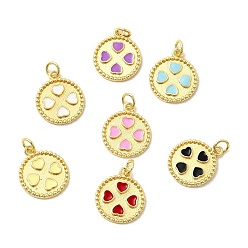 (52) Непрозрачная лаванда Латунь эмаль подвески, плоские круглые с подвесками в виде сердечек и соединительными кольцами, без свинца и без кадмия, долговечный, стойки покрытие, реальный 18 k позолоченный, разноцветные, 17.5x15x2 мм, отверстие : 3.4 мм