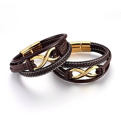Golden Braided Leather Cord Multi-strand Bracelets, with 304 Stainless Steel Findings and Magnetic Clasps, Infinity, Coconut Brown, Golden, 8-5/8 inch(22cm), 12~25mm