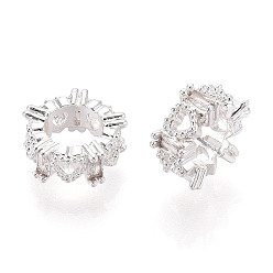 Посеребрённый Латунь микропаве прозрачный кубический цирконий европейский бисер, бусины с большим отверстием, сердце, 925 серебро покрытием, 9.5x4 мм, отверстие : 5.2 мм