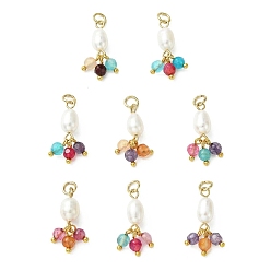 Золотой Подвески из натурального агата (окрашенного и подвергнутого термической обработке) и культивированного пресноводного жемчуга., Граненые круглые подвески-кисточки с бусинами в форме рисовых зерен и петлями из нержавеющей стали., разноцветные, золотые, 304 мм, Перейти кольцо: 22x7x8.5 мм, внутренний диаметр: 5x0.8 мм