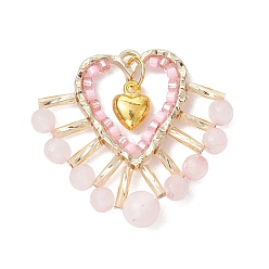 Розовый Кварц Подвески из натурального розового кварца и стеклянных бусин, литые сердце прелести, золотой свет, 33x35x6.5 мм, отверстие : 1.2 мм