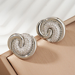Серебро Серьги-гвоздики из латуни с прозрачным кубическим цирконием во французском стиле в форме завитка, серебряные, 21x18 мм