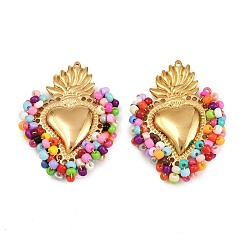 Настоящее золото 18K 304 подвески из нержавеющей стали, сердце, со стеклянными бисеринами, вакуумное покрытие pvd, реальный 18 k позолоченный, 43.5x33x7 мм, отверстие : 1.2 мм