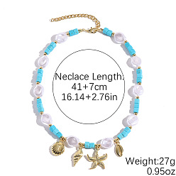 Темно-бирюзовый Подвеска в форме морской ракушки и морской звезды из сплава, пластиковый жемчуг и окрашенная синтетическая бирюза, квадратные бусины, золотые, темные бирюзовый, 16.14 дюйм (41 см)