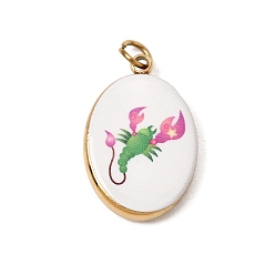 Green Printed 304 Stainless Steel Pendants, Oval with Scorpio Charms, Ion Plating(IP), Long-Lasting Plated, Golden, Green, 18x12x3mm, Hole: 2.5mm