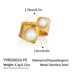 Real 18K Gold Plated 304 Stainless Steel Cuff Open Rings for Women, Round, with Shell Pearl Beads, Real 18K Gold Plated, 10mm, Inner Diameter: 17.8mm