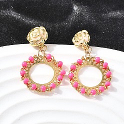 Настоящее золото 18K Плоские круглые латунные эмалевые серьги-гвоздики, со стеклом, без свинца и без кадмия, стойки покрытие, долговечный, реальный 18 k позолоченный, 31.5x18 мм