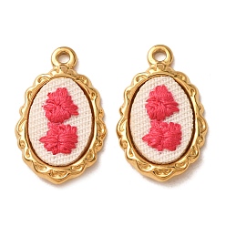 Cerise 304 Stainless Steel & Cloth Embroidered Pendants, Scalloped Oval with Flower Charms, Ion Plating(IP), Long-Lasting Plated, Real 18K Gold Plated, Cerise, 23x14x3mm, Hole: 1.7mm