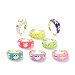 Mixed Color Brass Enamel Cuff Rings, Real 18K Gold Plated, Long-Lasting Plated, Heart, Mixed Color, US Size 7 3/4(17.9mm), 2.5~9.5mm