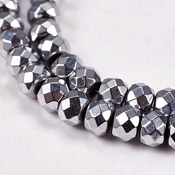 Platinum Plated Electroplate Non-magnetic Synthetic Hematite Beads Strands, Faceted, Rondelle, Grade A, Platinum Plated, 4x3mm, Hole: 1mm, about 130pcs/strand, 16 inch