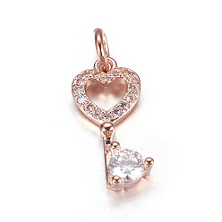 Rose Gold Brass Micro Pave Cubic Zirconia Pendants, Key, Rose Gold, 17x8x3mm, Hole: 3mm