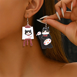 Cat Shape Акриловые серьги болтаться, платина, животное с чертежной доской, платина, слева и справа, форма кошки, 49x25 мм и 49x33 мм
