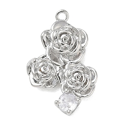 Platinum Brass Micro Pave Clear Cubic Zirconia Pendants, Triple Rose Charms, Platinum, 23.5x15x4.5mm, Hole: 1.2mm