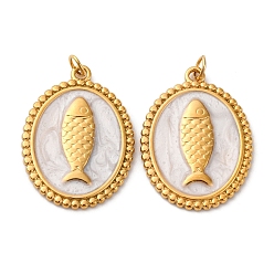 Белый 304 нержавеющей стальной эмали подвески, овал с подвеской в виде рыбы, с целью перехода в кольце, ионное покрытие (ip), реальный 18 k позолоченный, белые, 23.5x17.5x2 мм, отверстие : 2.5 мм