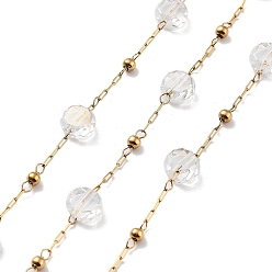 Clear 304 Stainless Steel Handmade Beaded Chain, with Electroplated Glass, with Spool, Soldered, Real 18K Gold Plated, Flat Round, Clear, 5.5x5.5x3.5mm, about 16.40 Feet(5m)/Roll