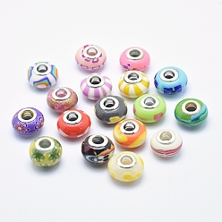 Gemischte Farbe Handgemachte  europäischen Fimo-Perlen, mit versilberten Messingkernen, Großloch perlen, Rondell, Gemischte Farbe, 13~16x8~11 mm, Bohrung: 4.5~5 mm