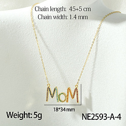 Слово Ожерелья с подвесками из латуни с микропаве из разноцветных кубических цирконий ко Дню матери, золотые, слово мама, 17.72 дюйм (45 см), Кулон : 34x18 мм
