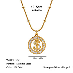 Symbol 304 Stainless Steel Crystal Rhinestone Ring Pendant Necklaces, Real 18K Gold Plated, Dollar Sign, 15.75 inch(40cm)