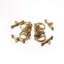 Antique Golden Tibetan Style Toggle Clasps, Lead Free and Cadmium Free, Antique Golden, Flower: 18x19mm, Bar: 4x24mm, Hole: 2mm