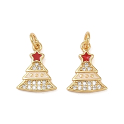 Рождественская елка Рождественские латунные эмалевые подвески с микропаве из кубических цирконий, с целью перехода в кольце, без свинца и без кадмия, долговечный, стойки покрытие, реальный 18 k позолоченный, рождественская елка, 12x9.5x2 мм, отверстие : 2 мм