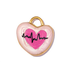 Ярко-Розовый 304 нержавеющей стальной эмали подвески, очарование сердца и сердцебиения, реальный 18 k позолоченный, ионное покрытие (ip), долговечный, ярко-розовый, 15x14 мм, отверстие: 3.30 мм