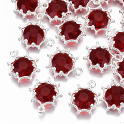 Красный Граненые подвески стекла, с элементами из экологически чистого сплава, без кадмия, без никеля и без свинца, граненые, цветок, серебряные, красные, 15x13x4 мм, отверстие : 1.6 мм